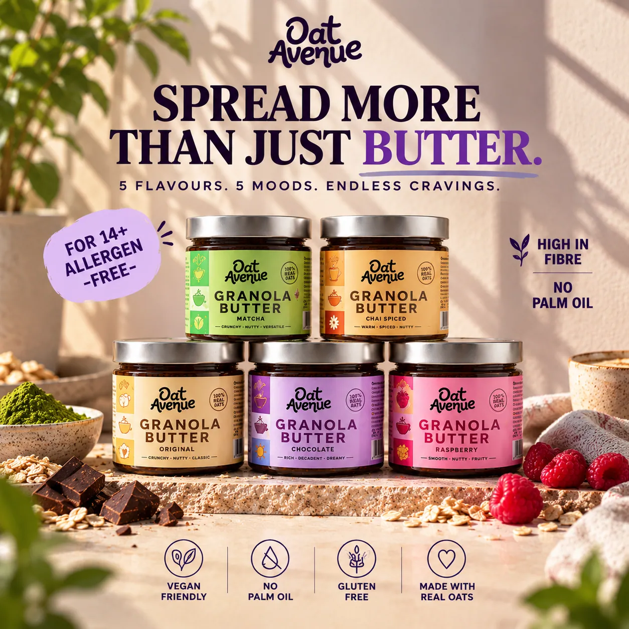All five Oat Avenue granola butter jars together with breakfast ingredients